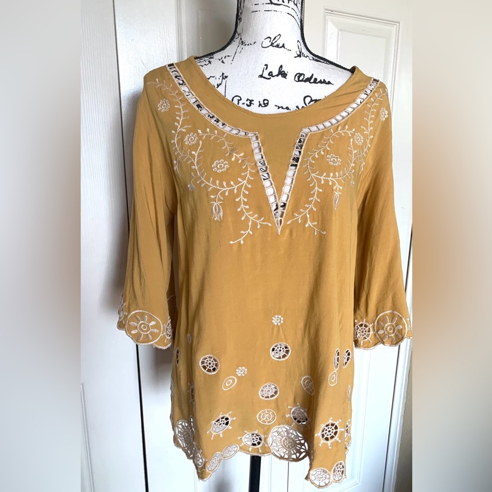 Solitaire Mustard Tunic with Embroidery & Cutouts